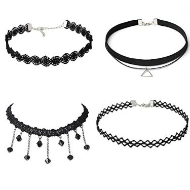 Imagem de YangQian Gargantilha gótica feminina pacote com 4 gargantilhas pretas de veleto para mulheres, gargantilha gótica de renda, presentes para aniversário, Natal, Sem Pedra Preciosa