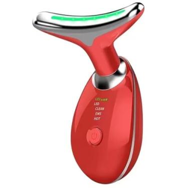 Imagem de Massageador Facial LED 3 Modos, Aparelho Anti-Rugas para Rosto e Pescoço, Tratamento Estético Vibratório com Luz LED Para Elevação da Pele Lifting Bivolt Recarregável (Vermelho)