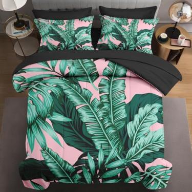 Imagem de WeCozy Conjunto de edredom casal de 7 peças com 2 fronhas e 2 fronhas, folhas verdes tropicais para crianças e adultos, cama de folha de palmeira havaiana em uma bolsa com lençol de cima e lençol de