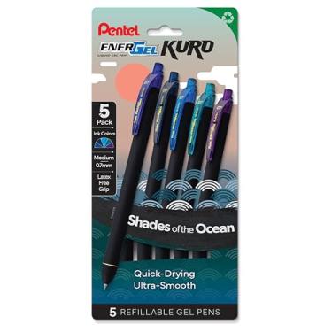 Imagem de Pentel EnerGel Kuro Shades of the Ocean, caneta de gel líquido retrátil, cores sortidas, pacote com 5 (BL437OCNPF5)