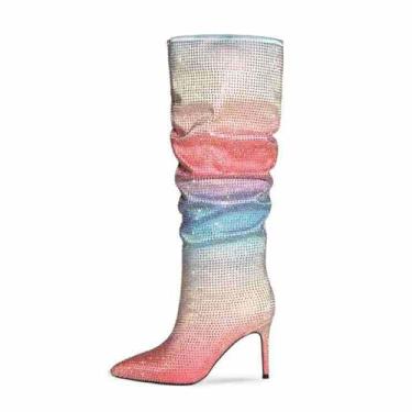 Imagem de UNWRBD Botas longas de 6 cm de cor gradiente arco-íris com strass bico fino plissado cano médio feminino salto alto, rosa, US7.5 EU40