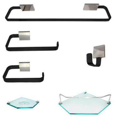 Imagem de 1 Kit Para Banheiro Bali Lux Preto Prata Sextavado - Diretoo, Incolor