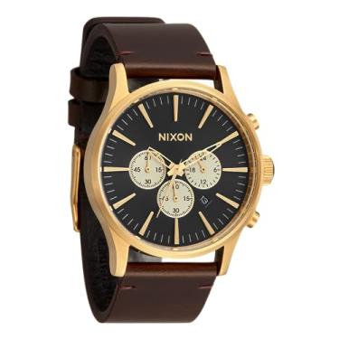 Imagem de NIXON Relógio cronógrafo analógico masculino Sentry Chrono Leather A1391-100 m resistente à água (mostrador do relógio de 42 mm, pulseira de couro de 23 mm), dourado/índigo/marrom, Moderno