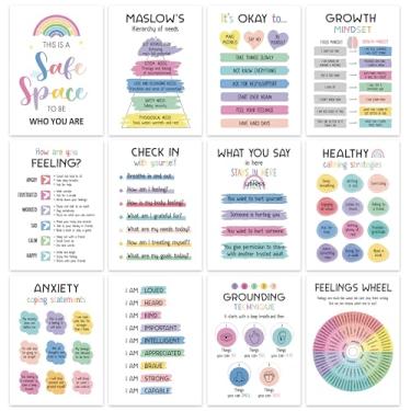 Imagem de 12 peças de pôsteres de saúde mental - itens de conscientização sobre saúde mental, decoração de escritório de terapia, itens essenciais para consultoria escolar, pôster positivo inspirador (pôsteres