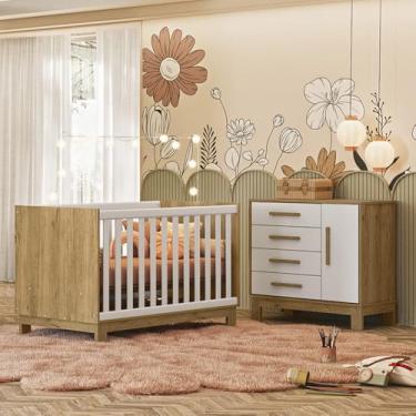 Imagem de Quarto de Bebê Qencanto Slim com Cômoda 4355 e Berço 4315 Qmovi Freijó Branco Acetinado + Colchão Physical