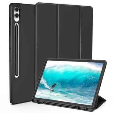 Imagem de Capa fina para Samsung Galaxy Tab S9 +/S9 FE de 12,4 polegadas com suporte S Pen, suporte triplo à prova de choque, capa protetora para tablet de ângulo duplo, leve, capa de TPU macio (preta)