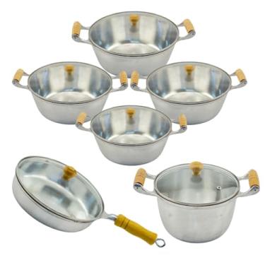 Imagem de Jogo de Panelas Frigideira Caldeirão 6 Pçs Alumínio Batido Fundido Cabo de Madeira Marfim Envernizado