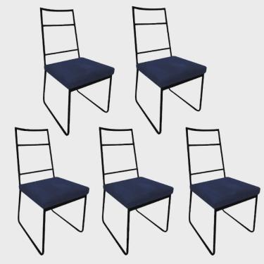 Imagem de Kit 05 Cadeiras Sala de Jantar Escritório Office Stark Industrial Ferro Preto Suede Azul Marinho - Ahz Móveis