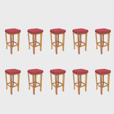 Imagem de Kit 10 Banqueta Alta Ben Gourmet Balcão Bistrô Cozinha Base Madeira Maciça Corino Vermelho - Ahz Móveis