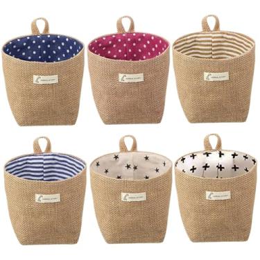 Imagem de Cesta de pendurar para pendurar 6 peças 10 x 12,7 cm cestas de pendurar na parede para organizar cesta dobrável de armazenamento de linho de algodão para banheiro, cestas suspensas