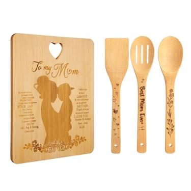 Imagem de Presente para mãe para o dia das mães, presente de aniversário de mãe de filha e filho, tábua de corte de bambu com conjunto de colher, presente de tábua de cortar para mãe