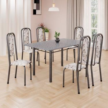 Imagem de Conjunto De Mesa Retangular 140x75cm Tampo Granito Ocre 6 Cadeiras Lavínea Arabesco Mart Prata