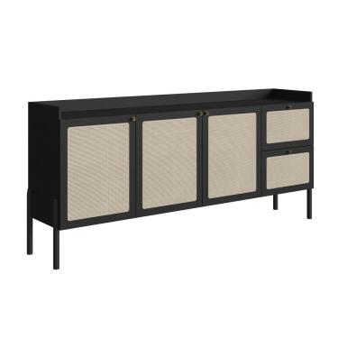 Imagem de Buffet Aparador 3 Portas 2 Gavetas Palhinha Pé Madeira Oslo Nero preto