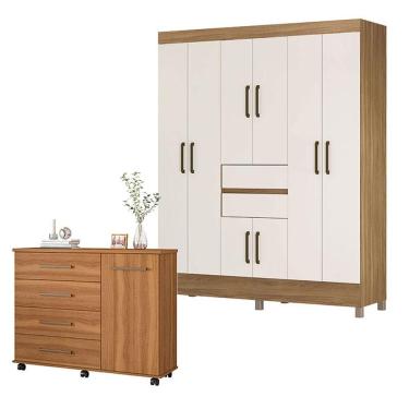 Imagem de Cômoda e Guarda Roupa Casal Flora Munique 8 Portas 2 Gavetas em MDP Moderno Amêndola Of...