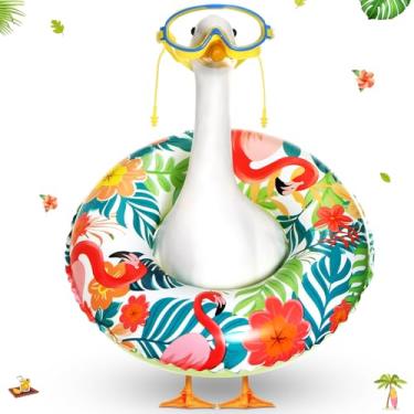 Imagem de Aliceset 2 peças de roupa havaiana de ganso para varanda, flamingo, verão, luau, gramado, ganso, roupas, fantasia, boias de piscina, óculos de natação para decoração de pátio tropical, quintal