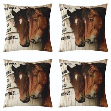 Imagem de jejeloiu Capas de almofada de cavalo 45,7 x 45,7 cm, conjunto de 4 fronhas macias para meninas, meninos, crianças, caubói ocidental selvagem, animais fofos, rústicas, capas de almofada, capas de