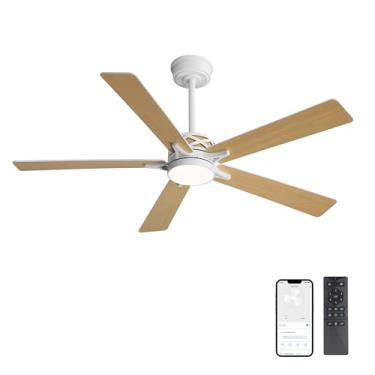 Imagem de WINGBO Ventilador De Teto Inteligente 60" Com Luzes, Pás Brancas/Carvalho, Motor Cc Reversível 6 Velocidades, Funciona Alexa E Google Assistente, Led Regulável 3 Circuitos Para Quarto Sala Estar, Ac