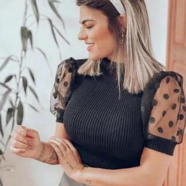 Imagem de Blusa feminina gola alta manga curta tule malha canelada - Filo modas,