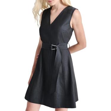 Imagem de DKNY Minivestido feminino sem mangas com fivela e decote em V, Jeans escuro, 44