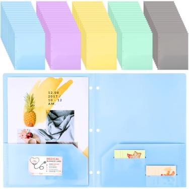 Imagem de Seajan 100 pastas de plástico com bolsos, pastas resistentes a granel com 4 bolsos, 3 furos com compartimento para cartão de visita para escritório, tamanho carta, 5 cores (cor pastel)
