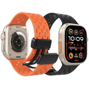 Imagem de WinReir Pulseira magnética esportiva compatível com Apple Watch Ultra 2 /Ultra de 49 mm/42 mm/44 mm e 45 mm, pacote com 2 pulseiras de silicone macio à prova d'água para Apple Watch Series SE 9, 8, 7,