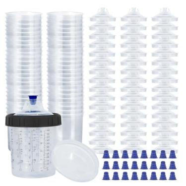 Imagem de JOYFUL&HOPEFUL Forros e tampas de pistola de pulverização de tinta descartáveis, 590 ml (600 ml) kit de 50 pacotes - 50 forros, 50 tampas com filtro de 125 mícrons, 1 copo rígido com anel de retenção