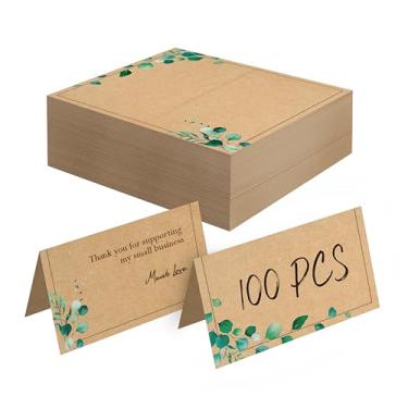 Imagem de 100 cartões kraft, pequenos cartões de barraca com design de planta verde, cartões de assento delicados, cartões de nome em branco, cartões de acompanhantes para casamento, mesa, jantares, recepções