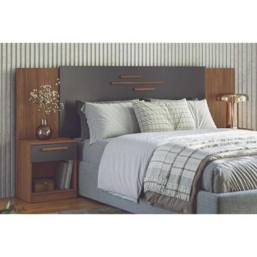 Imagem de Cabeceira Cama Box Madeirado Casal/Queen Loanda c/ 2 Mesas e 2 Gavetas Jatobá/Grafite - Santos Andirá