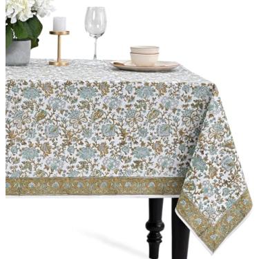Imagem de CPC Toalha de mesa retangular 100% algodão, 203 x 300 cm, estampa em bloco indiano, toalha de mesa azul para casamentos, primavera/verão, churrasco - azul topázio