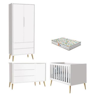 Imagem de Quarto De Bebê 2 Portas Theo Branco Pés Madeira Natural Com Colchão Gazin ? Reller