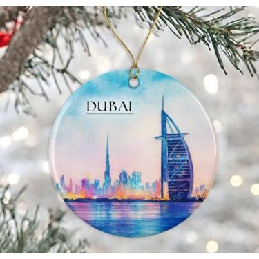 Imagem de Enfeite de aquarela de Dubai - Lembrança de Natal de cerâmica - Aniversário de lua de mel - Lembrança de viagem - Presente de inauguração de casa - Presente para amantes de Dubai impresso em ambos os