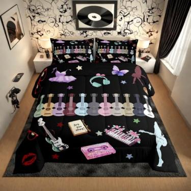 Imagem de Erosebridal Jogo de cama Queen, com tema musical, violão, preto, moderno, moderno, para quem ama música