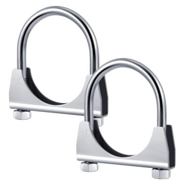 Imagem de Datanly 2 peças braçadeira de escape de 3-1/5.1 cm braçadeira de escape de parafuso em U resistente - design de sela conector de tubo silenciador, clipe de gancho de ponta, ferro galvanizado, serve
