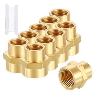 Imagem de Rebower Pacote com 10 adaptadores FeMale para FeMale, 1/5.1 cm FNPT x 3/20.3 cm FNPT Acoplador de acoplamento de latão cabeça hexagonal encaixe de tubo com fita de vedação para industrial