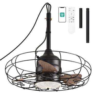 Imagem de Orison Ventiladores de teto ao ar livre com luz, 61 cm com classificação úmida para área externa para gazebo, iluminação em gaiola de plugue para dossel de pérgola, pendurar com gancho, luz LED de 3