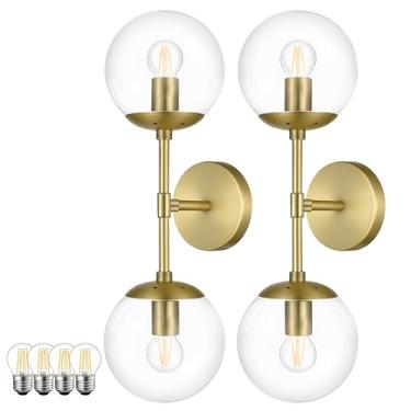Imagem de KoKo&Yukina Pacote com 2 luminárias modernas para banheiro de meados do século, luminárias douradas escovadas, arandela de parede moderna, 2 luzes, globo de banheiro, abajur de vidro transparente