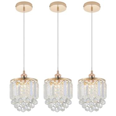Imagem de Sheenkarion Pacote com 3 luzes pendentes de cristal decorativas, lustre de cristal ouro rosa para cozinha, ilha, sala de jantar, sala de estar, bar, luminária, cabo, ajustável, pendurado