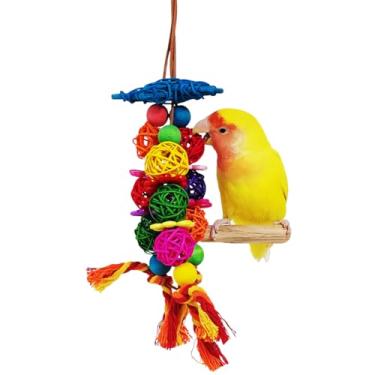 Imagem de Brinquedos para pássaros, periquito, contas de madeira naturais multicoloridas, brinquedos para rasgar papagaios com bolas de vime de ratã, para conures de calopsita periquito (1 pacote)