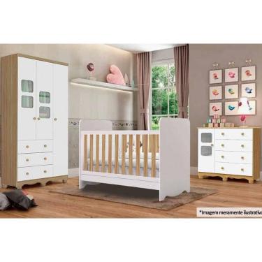 Imagem de Quarto Infantil Completo 3 Peças (1GuardaRoupa+1Berço+1Cômoda) QI126 Branco/Amendoa - Peroba