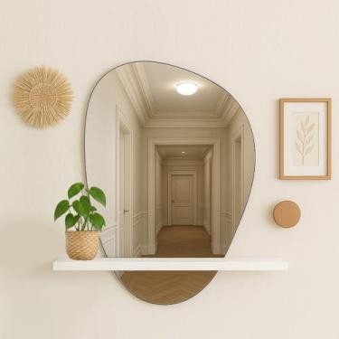 Imagem de Prateleira Mdf Branca Com Espelho Lapidado 51Cm Banheiro Luxo - Móveis