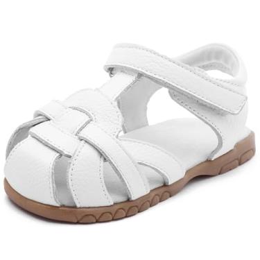 Imagem de Femizee Sandálias de verão femininas de couro genuíno macio com bico fechado princesa (infantil/criança pequena), 1552 branco, 8.5 Toddler