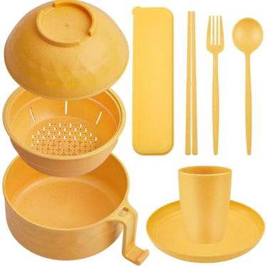 Imagem de Romooa Conjunto de panela de ramen de micro-ondas para micro-ondas com canudo de trigo e tigela de ramen de 935 g, pratos, copos e caixa de talheres, pode ser lavado na lava-louças, dormitório