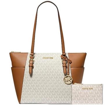 Imagem de Michael Michael Kors Charlotte Pacote grande com logotipo e zíper superior de couro com bolsa de moedas e (bolsa de pó MK), Baunilha