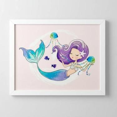 Imagem de Quadro Decorativo Infantil Bebê Menina Sereia 19X24 Moldura - IC