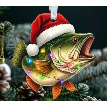 Imagem de Enfeite de acrílico de peixe - design de peixe de Natal com chapéu de Papai Noel e luzes de Natal - Decoração de Natal - Pendurado em árvore - Presente para pais amigos pescadores