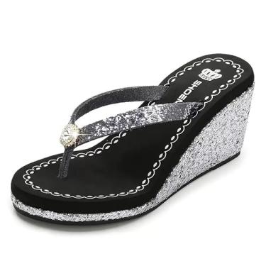 Imagem de yamerbo Chinelo feminino plataforma com strass brilhante joia salto alto suporte arco almofada macia chinelo chinelo verão tanga sandálias, Preto com strass - salto de 8 cm, 35