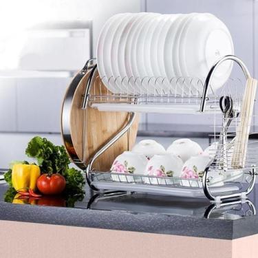 Imagem de Escorredor De Louças Pratos Aço Inox 2 Andares Com Suporte De Talheres