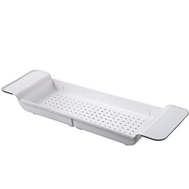 Imagem de Suporte de banheira fino cesto de drenagem telescópico rack de banheira expansível suporte de banheira bandeja de mesa suporte de bolsa de banheiro