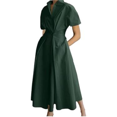 Imagem de Vestido De Botão Para Baixo Lapela Decote V Vestido Longo Com 2 Bolsos Laterais Vestido Maxi Casual Vestidos Soltos Para Mulheres Vestido De Camisa De Linha A, Army Green, 5XL