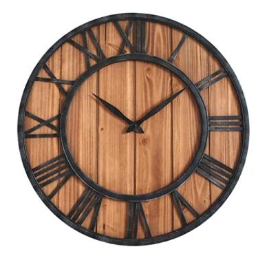Imagem de XFNVXC Relógio de parede para quarto relógio de parede de madeira maciça de metal silencioso quartzo rústico antigo relógios de madeira para decoração de sala de estar relógio de parede para sala de